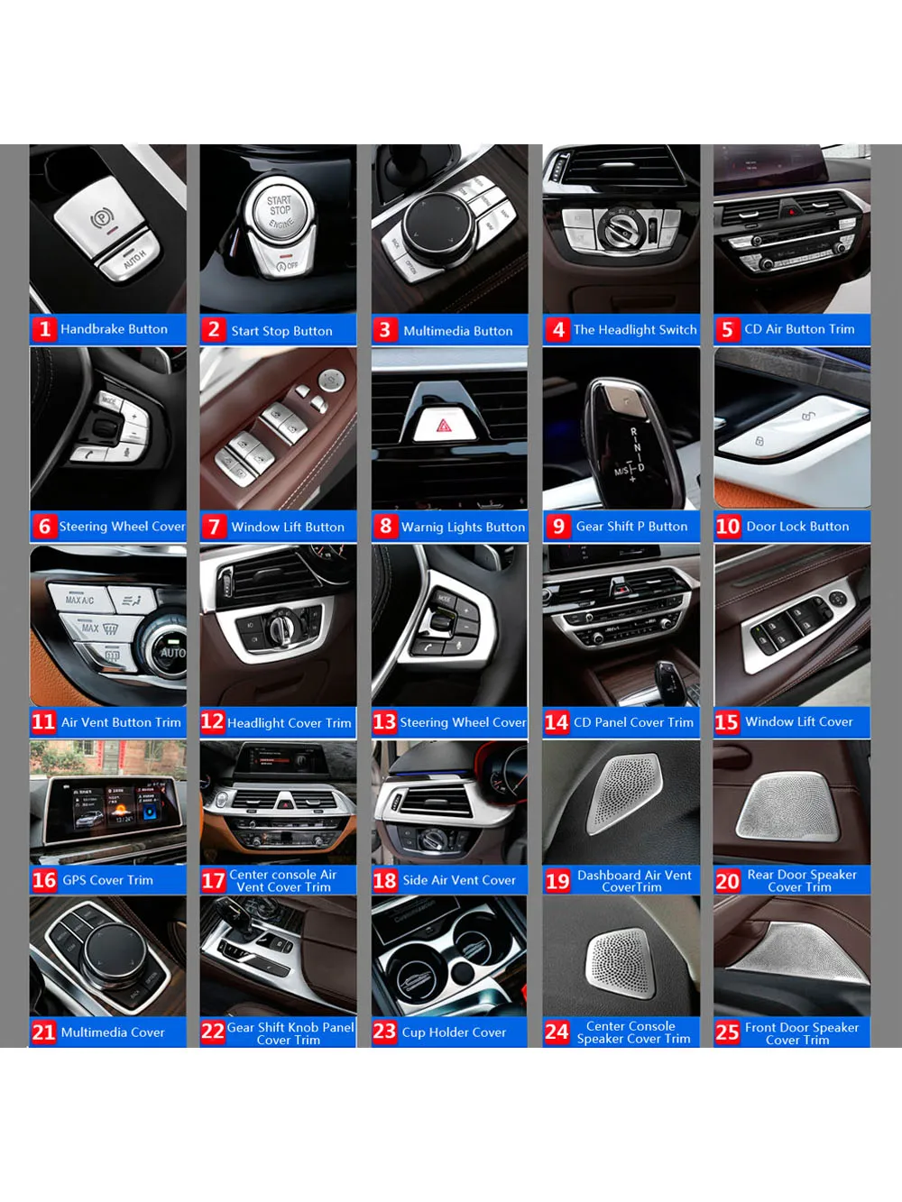 

Stainless For BMW 5 G30 G38 Gear Shift Dashboard Air Vent Outlet Window Lift CD Panel Cup Holder Door Lock Interior Cover Trim