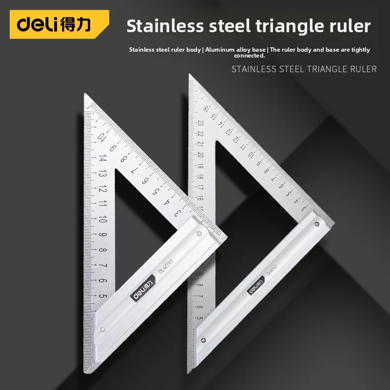 

Deli triangle stainless steel 90 degree thickened corner ruler, woodworking steel plate ruler 45 ° aluminum alloy measuring