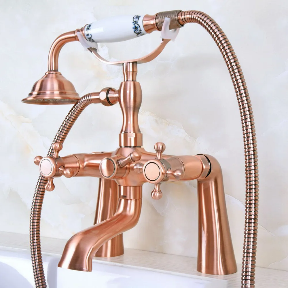 

Antique Red Copper Double Handle Deck Mounted Bathroom Bath Tub Faucet Set with 1500MM Hand Held Shower Spray Mixer Tap 2na161