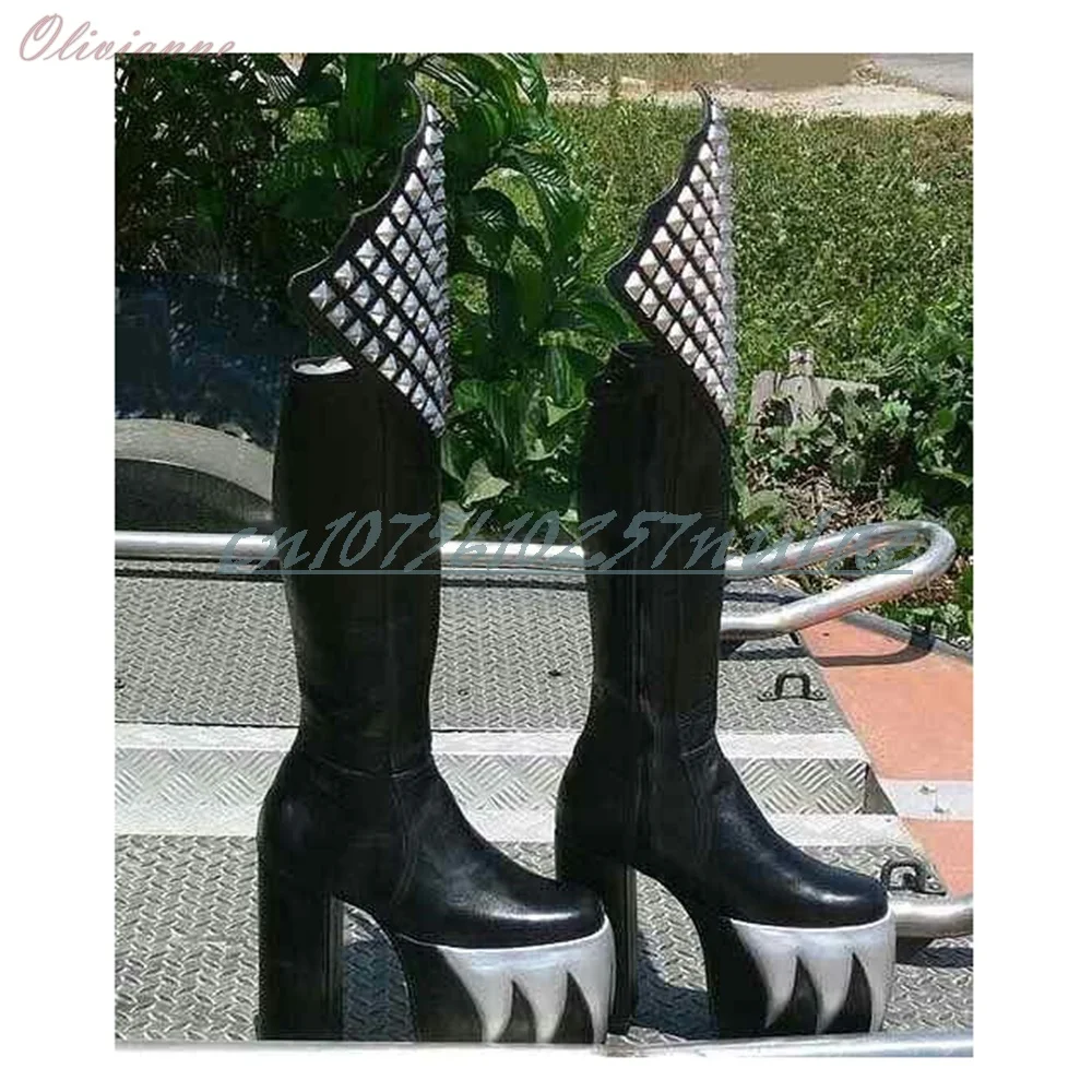 

Black and Sliver Metal Rivet Decoe Knee High Boots Punk Cool Platform Chunky High Heel Sexy Fashion 2025 Women Shoes Para Mujere