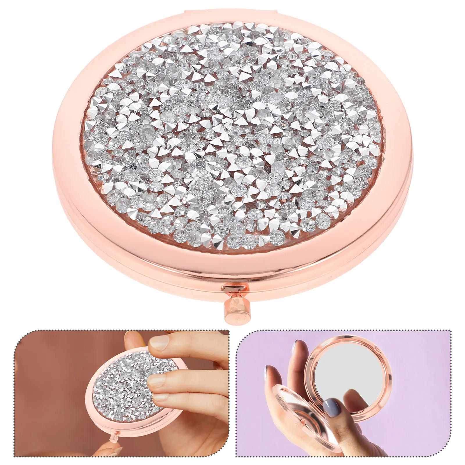 

Mini Rose Gold Small Folding Makeup Mirror Portable Rhinestone Round Compact Travel Handheld Mirror for Purse Personal Mirrors
