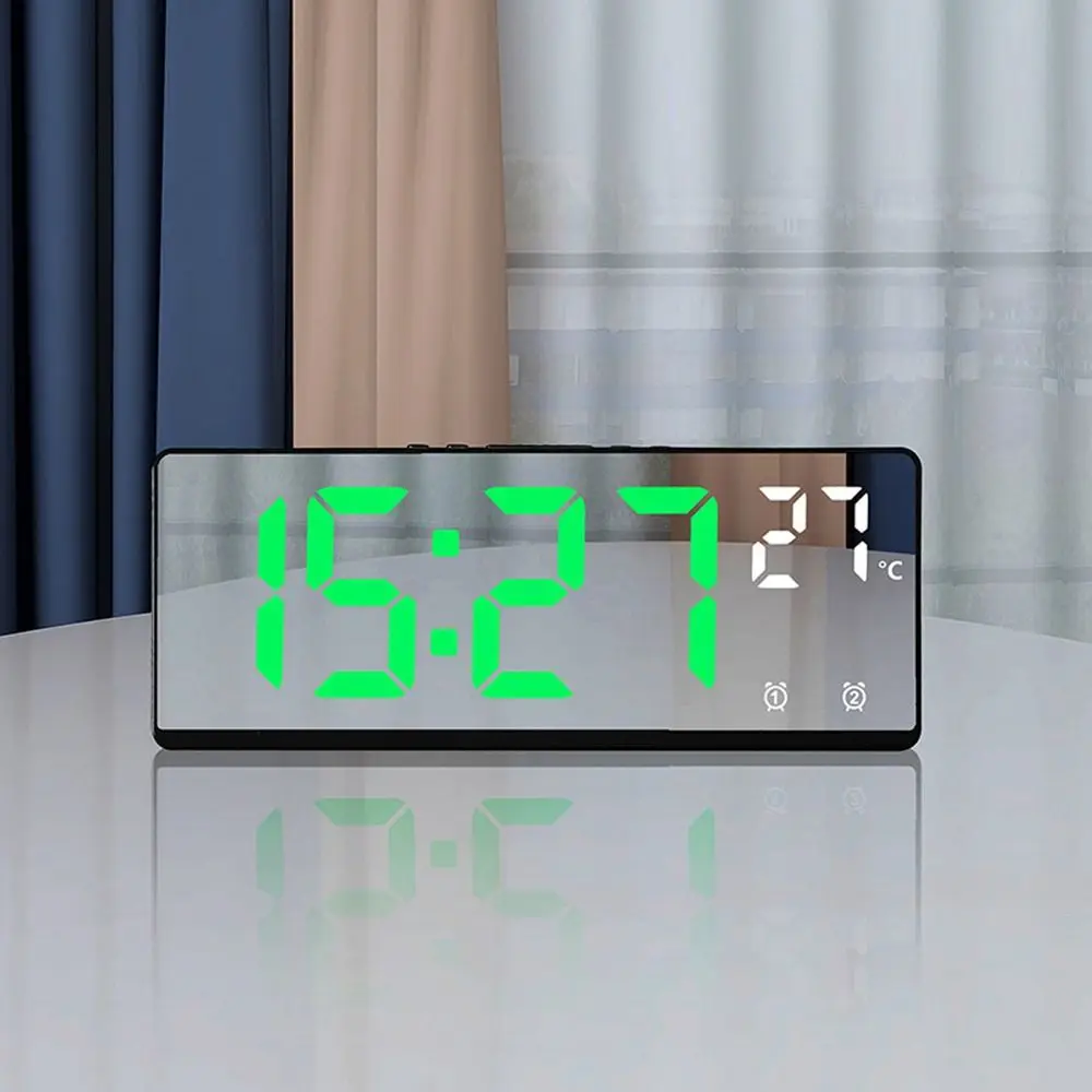 Digital Alarm Clock LED Mirror with Phone Holder Display Temperature Date Home Trip Bedside Clock