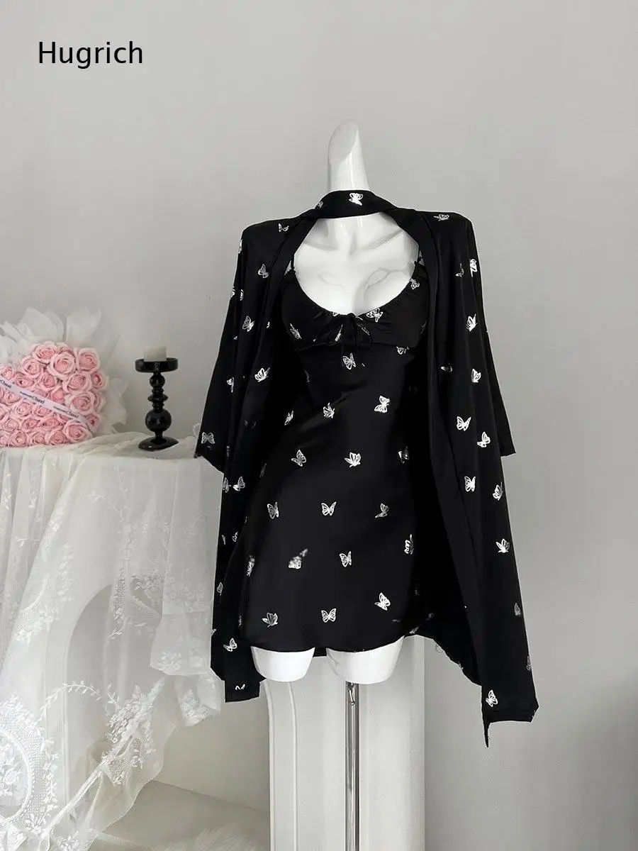 Butterfly Print Satin Nightwear Two Piece Outfit Ruched V Neck Cami Dress Open Front Long Sleeve Sleep Robe Set