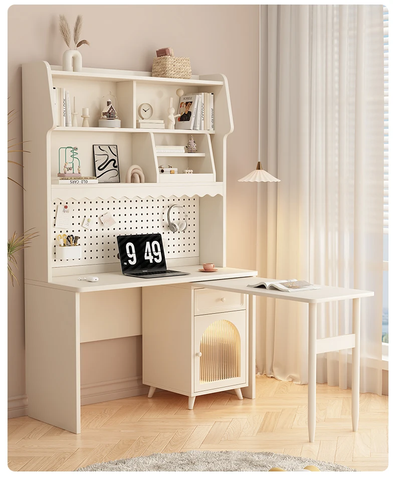 Twin cream wind corner desk, computer, rotating bookshelf, bedroom, student study desk