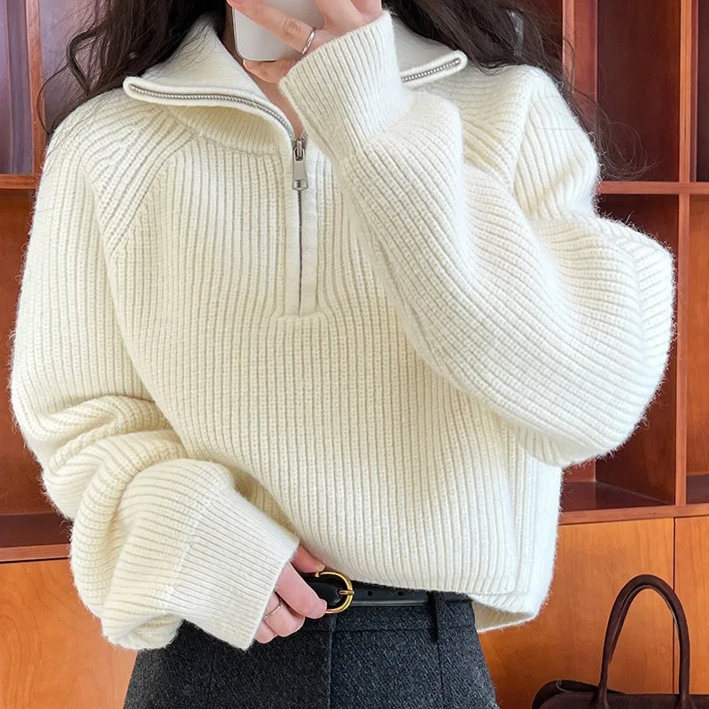 New Semi-turtleneck Zipper Knitwear Women Cashmere Autumn Winter Soild Color Loose Sweater Warm Thick Lady Knitted Pullover Coat