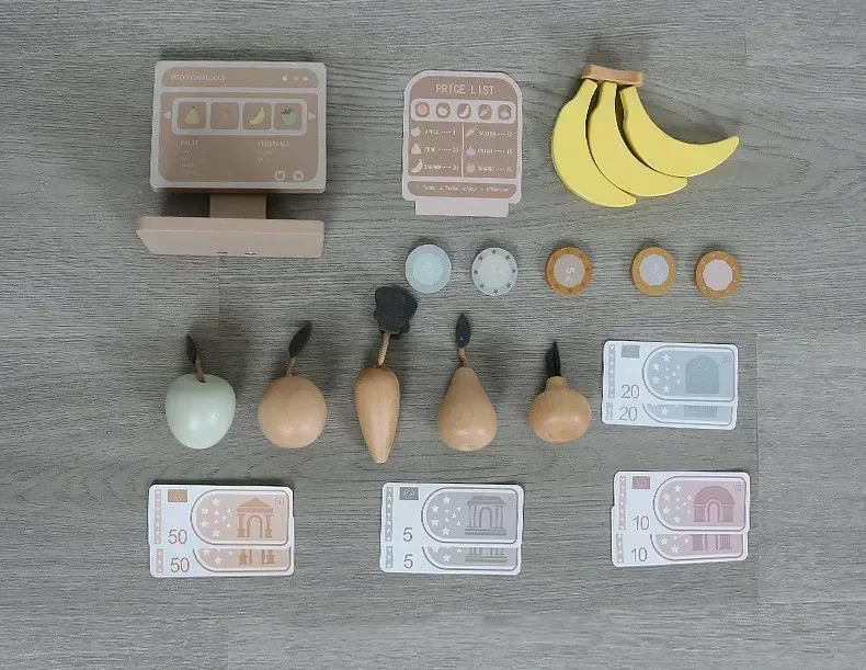 43cm High-Quality Playhouse Interactive Toy Wooden Simulated Fruit Stand with Banana Apple Pear and Cash Register Game Gift