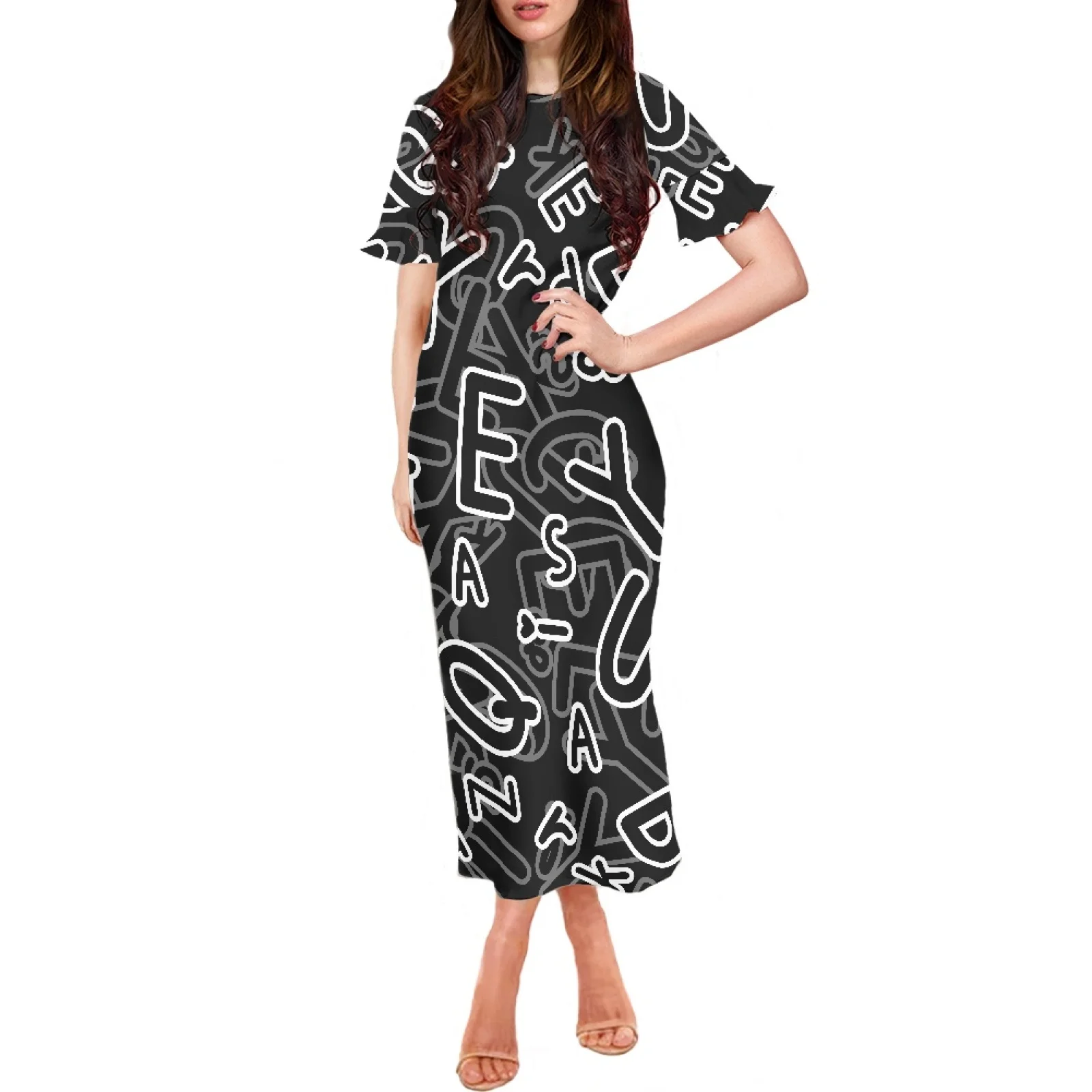 Lettering Design Casual Hawaiian Polynesian Style Women's Slim Summer Dress Crew Collar And Short Sleeved Slim Party Lady Luxury