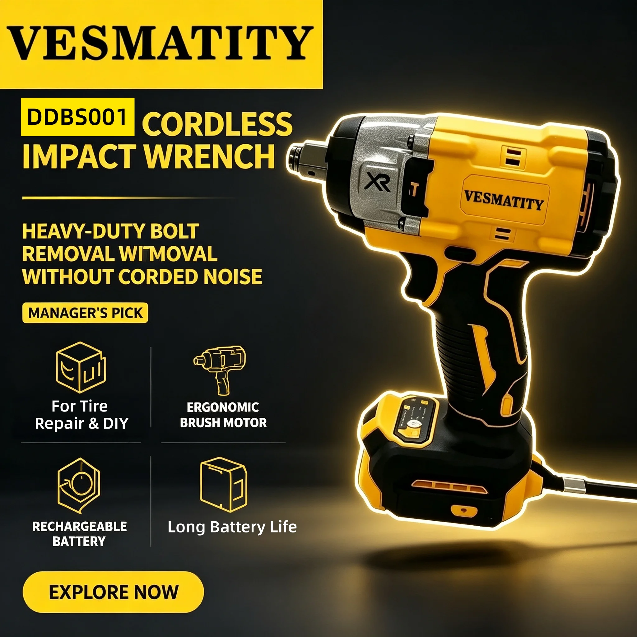 DDBS001 Impact Wrench 610Nm High Torque 20V Brushless Cordless Automotive Maintenance Compact Heavy Duty Pro for 20V Battery