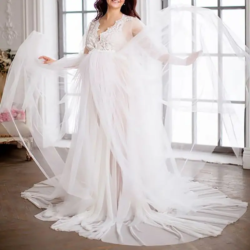 White Photoshoot Dresses Maternity Women Sexy Tulle V-Neck Split Long Dress For Pregnant Baby Shower Gowns Premama Photo Clothes