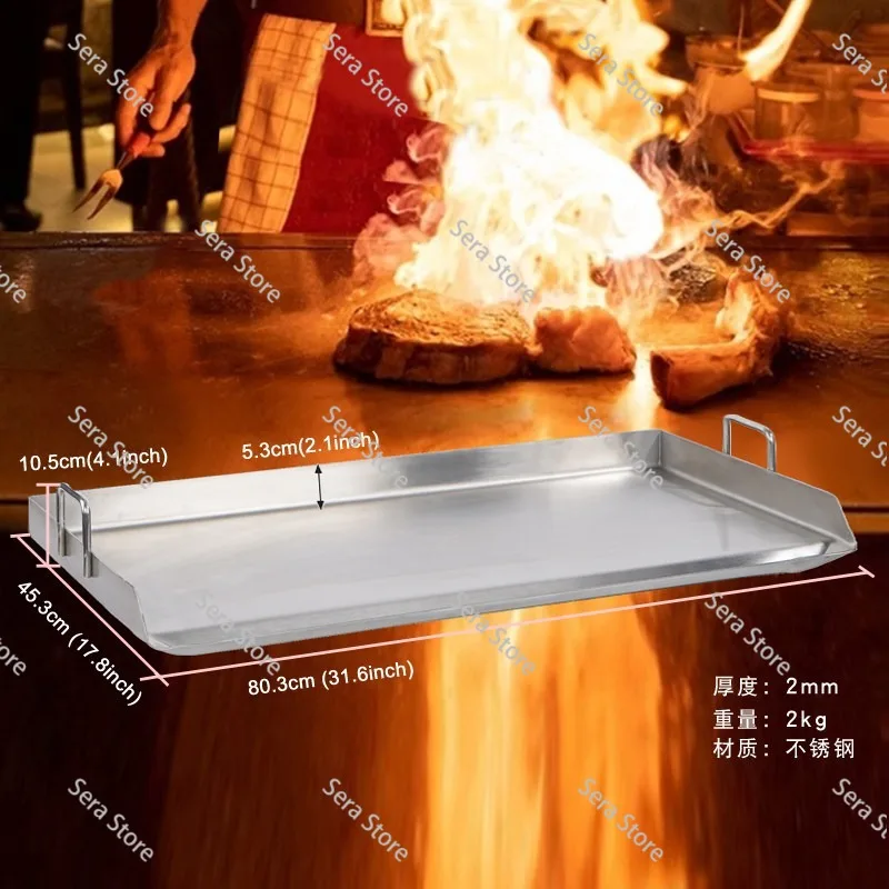 Stainless Steel Cooking Grill Pan Flat Top Plate Insertion with Grease Slot Handle for Charcoal Grill