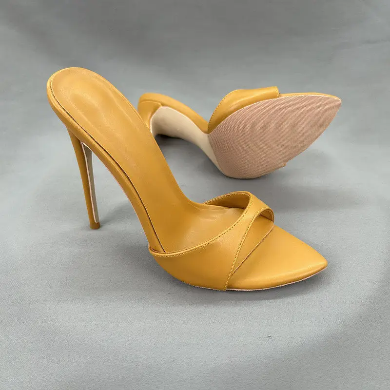 New Peach Pink Open-Toed Slim Heel Cool Mop for Women, Pointed Straight Drag for Commuting, Versatile High-Heeled Slippers 12cm