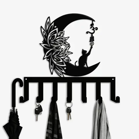 CIFBUY Wrought Iron Key Holder Wall Mount 7 Hooks Metal Wall Art Decor Minimalist Entryway Hallway Hanging Organizer Rack
