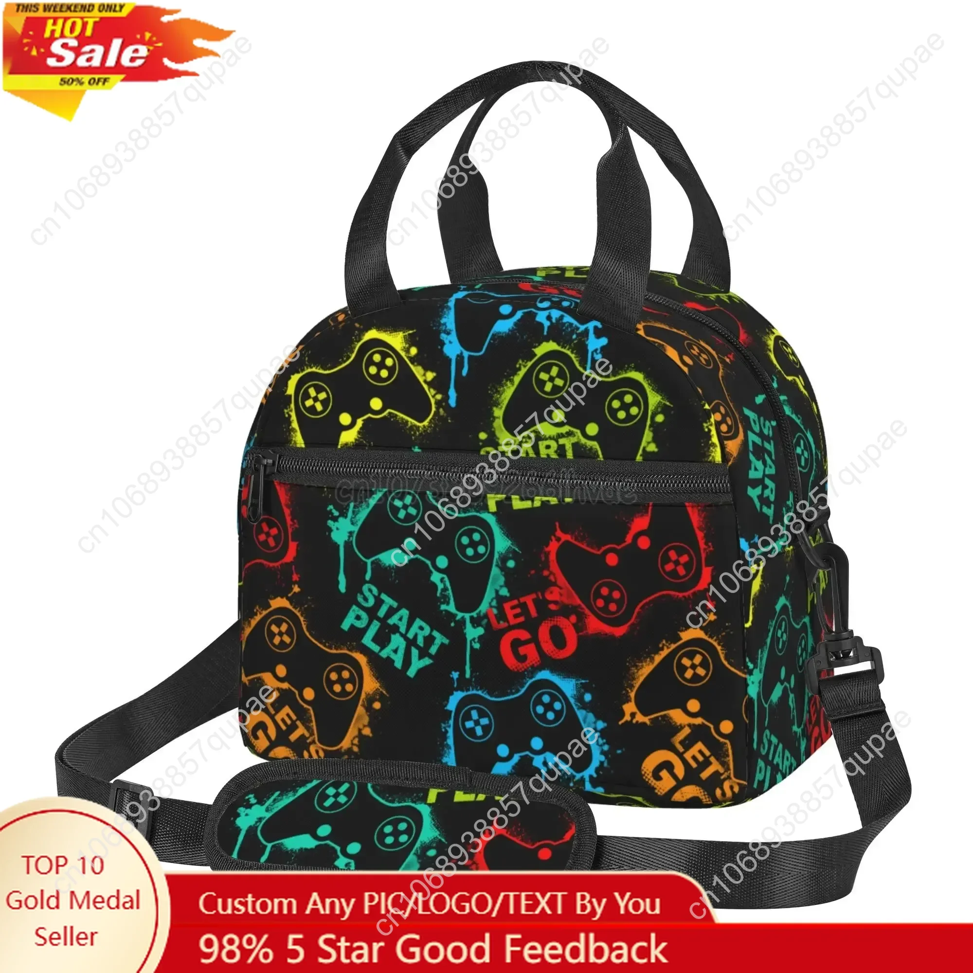 

Colorful Joystick Game Lunch Bag Compact Tote Bag with Shoulder Strap Reusable Lunch Box Container for Women Men School Work