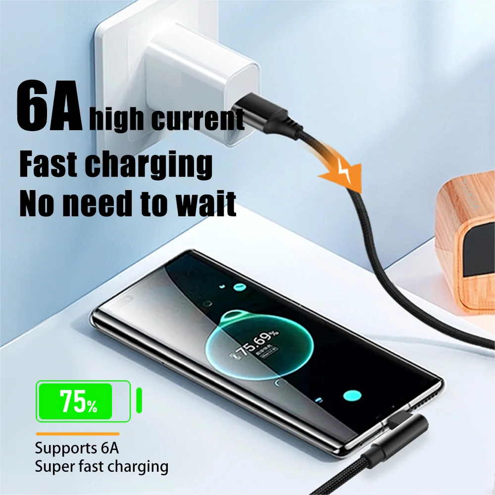 Expand 3m 5-meter Elbow USB C 6A Fast Charging Type C Data Cable for Huawei,Xiaomi,Samsung,Google,Apple MACBOOK iPad Air Game