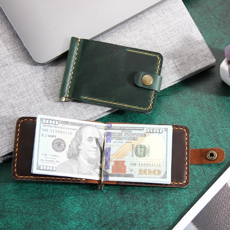 

Crazy Horse Leather Money Clip Wallet Slim Genuine Leather Card Holder Minimalist Cash Clip
