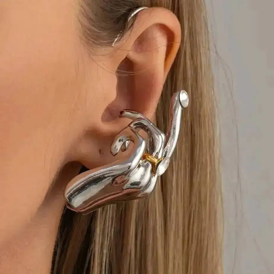 KunJoe 1PC Novelty Design Metal Hand Left Earcuff Dangle Earrings For Women Fashion Show Statement Earrings Jewelry Accessories