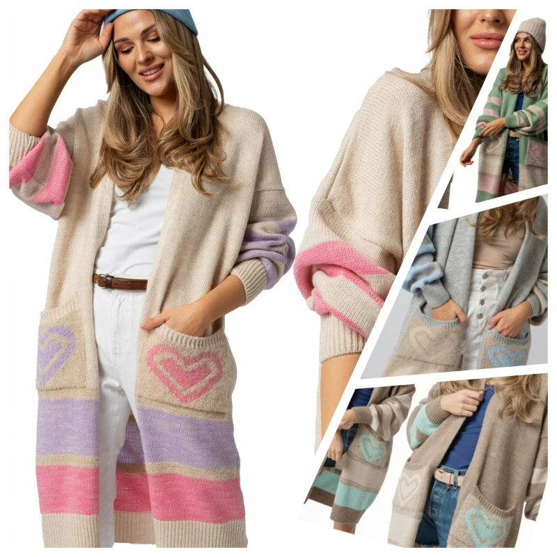

Long Cardigan Knit Women Print Sweaters Casual Pocket Loose Full Sleeves V Neck Coats Thick Sweater Lady Autumn Winter