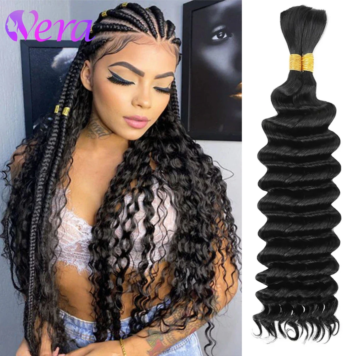 2/3 Bundles Human Braiding Hair For Boho Braids Deep Wave 100G Natural Color 10A Brazilian Virgin  Bulk Human Hair For Braiding