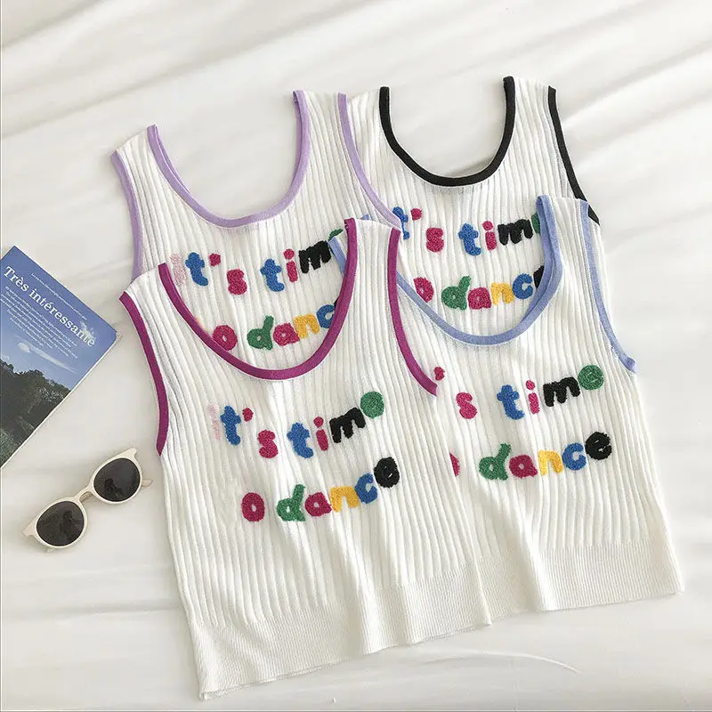 Ribbed Tank Top Crop Top Women\'s Short Cute Graphic Knit Kawaii T-Shirts Vest Summer Ladies Sleeveless Rainbow Letter Top Female