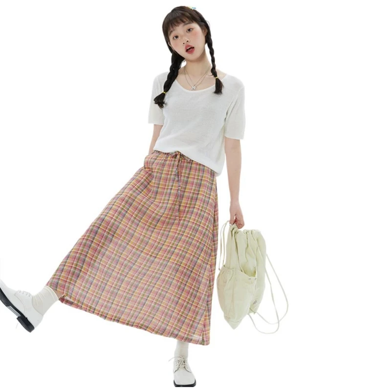 Cotton Plaid  A-Line Long Skirt Women Spring Summer Elastic Waist Vintage Simple Skirts Preppy Style Basic All-match Skirts