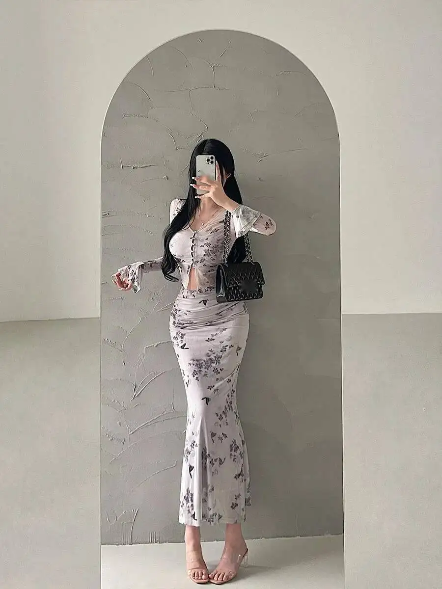 رغبة نقية نمط حزام أعلى مطبوعة شبكة طويلة الأكمام سترة عالية الخصر ذيل السمكة فستان أنيق طويل الحلو الكورية المرأة M37X