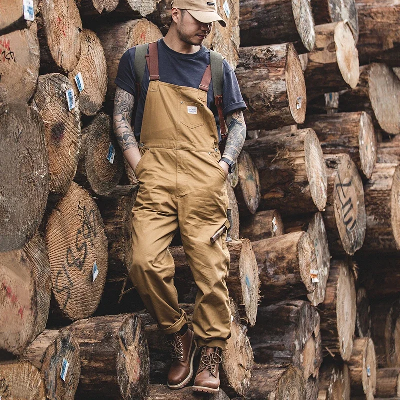 Macacão jeans vintage para homens, calças de trabalho de carga, baggy bib, calças jeans contrastantes