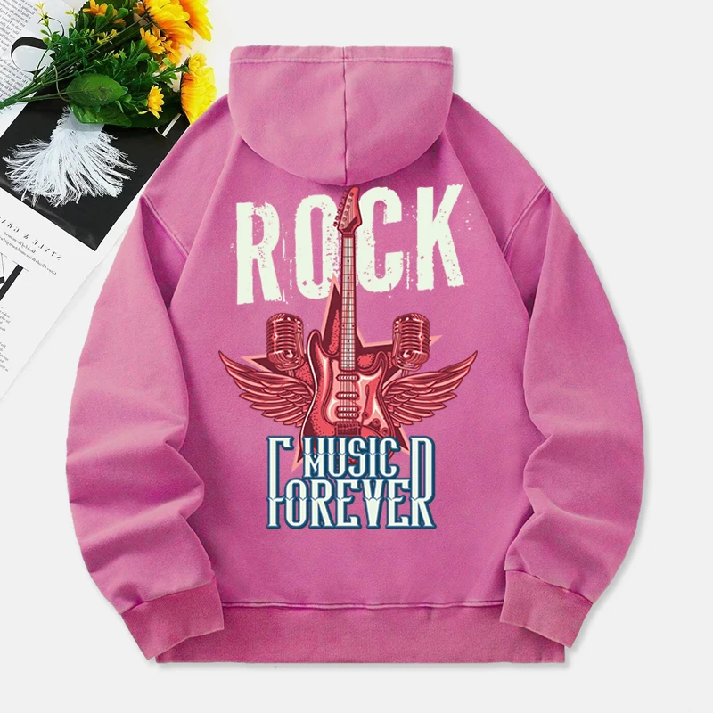 Rock Music Forever Washed Hoodie Womens Guitar Print Cotton Pullover Comfortable Pocket Oversize Hoody Casual Womans Clothes