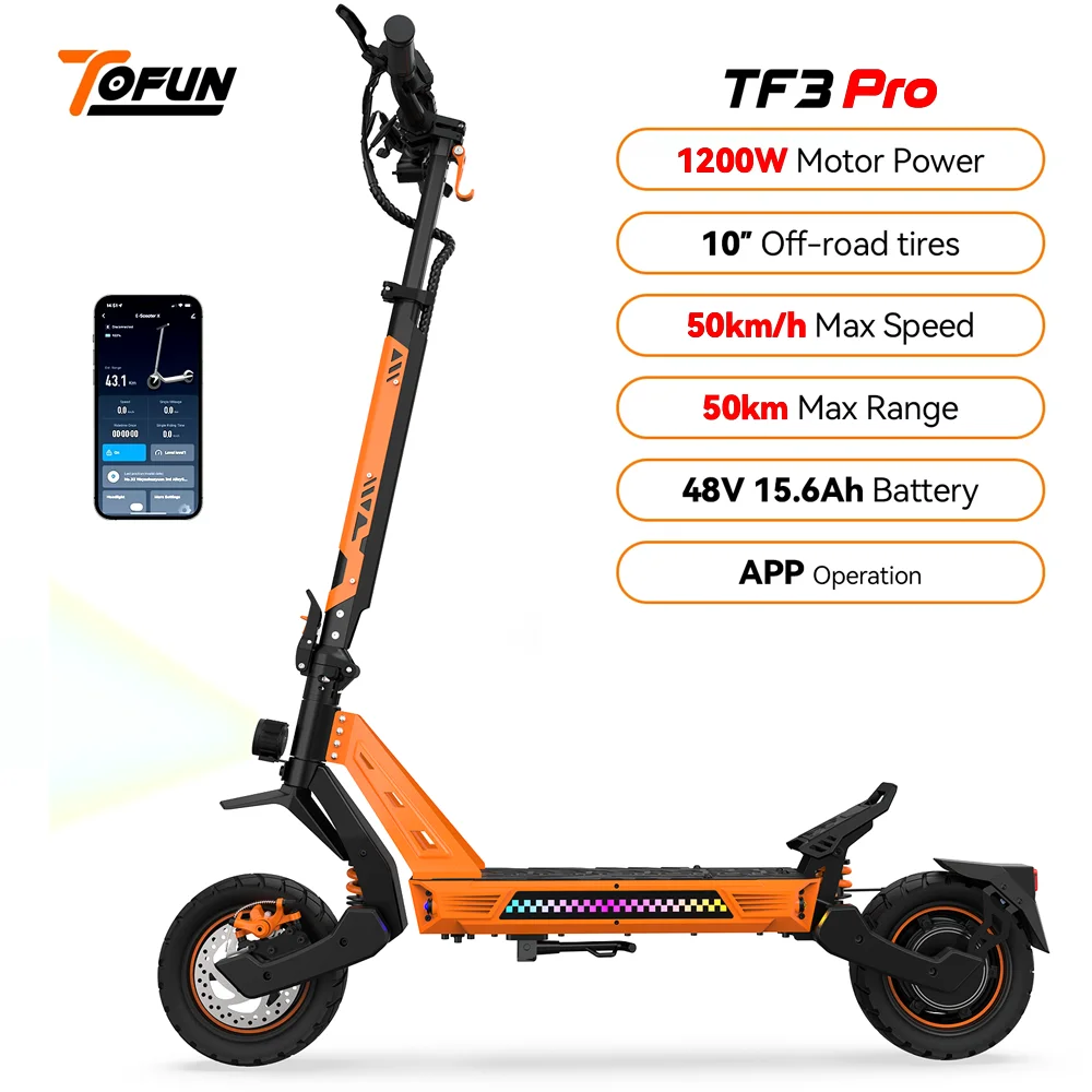 Patinete Eléctrico TOFUN TF3 PRO 1200W con APP, Velocidad Máxima 50 km/h, Autonomía 40-50 km, 48V 15.6Ah, Neumáticos de 10 Pulgadas, 4 Modos, Plegable
