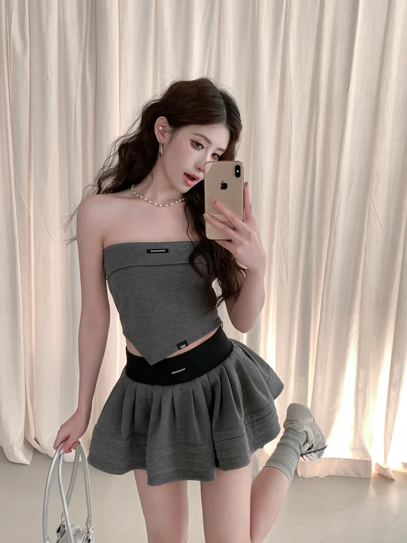 

Fashionable Spicy Girl Asymmetric High Waist Puffy Skirt Two-Piece Set Women's Summer Short Sleeve Top And Skirt Outfit