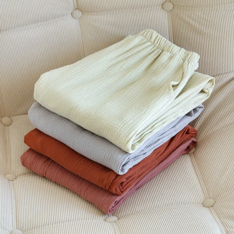 

2026 Spring/Summer New Women's Sleeper Pants 100% Cotton Crepe Solid Color Comfortable Wide Leg Sleep Bottoms Thin Home Pants