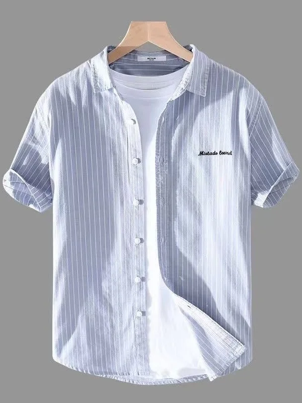 Summer Ice Silk Stripe Men's Short Sleeve Shirt Casual Loose Thin Style Fashionable Collared Top Breathable Antibacterial Ice...