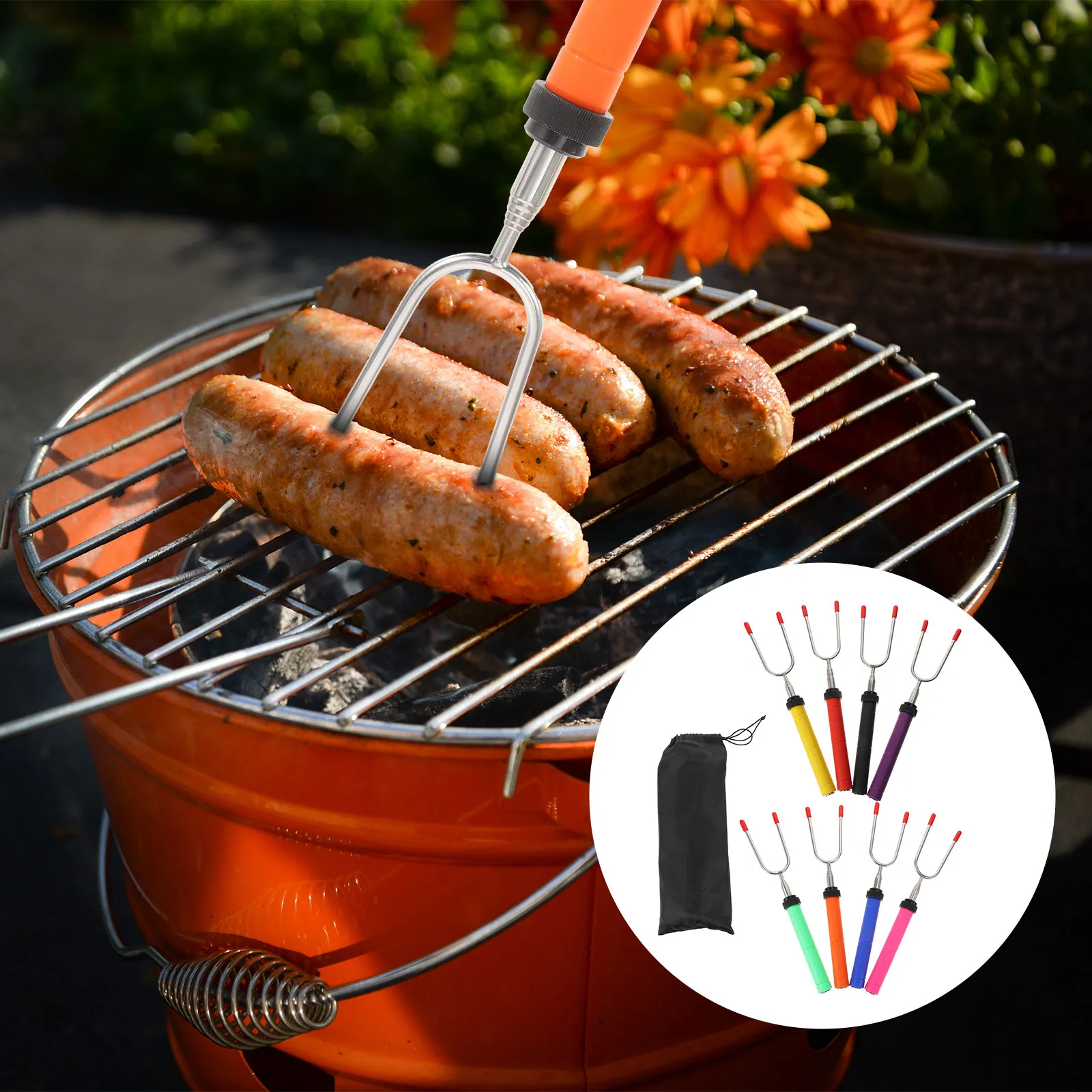 8Pcs Stainless Steel Barbecue Forks Extendable Skewers for Outdoor Camping Bbq Telescoping Roasting Sticks Heat-Resistant