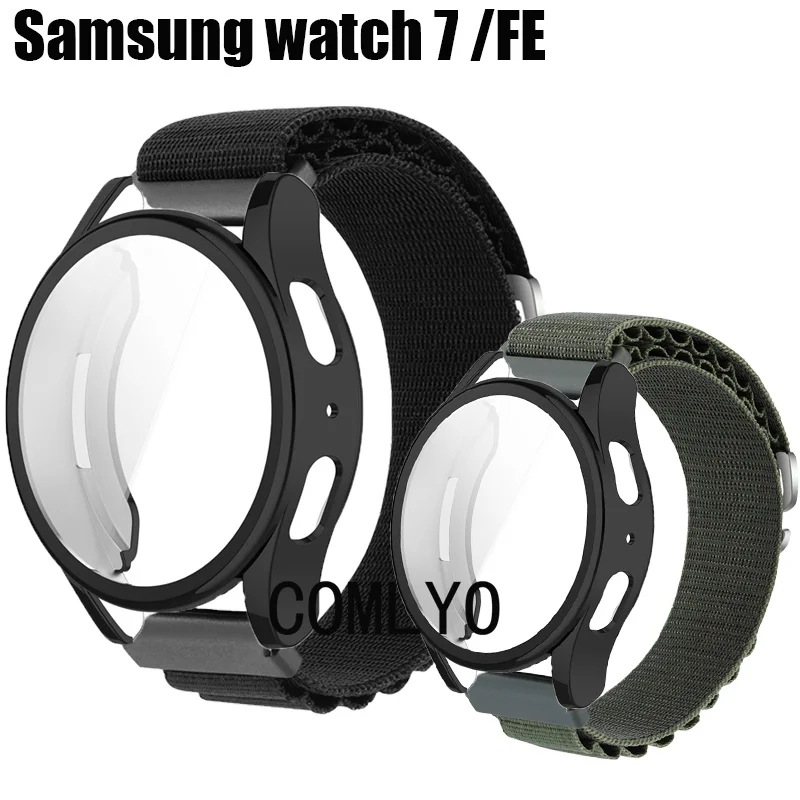 2 w1 dla Samsung Galaxy watch 7 44MM 40MM FE pasek etui Smart Watch nylonowa miękka bransoletka na nadgarstek pełna osłona na zderzak kobiet mężczyzn