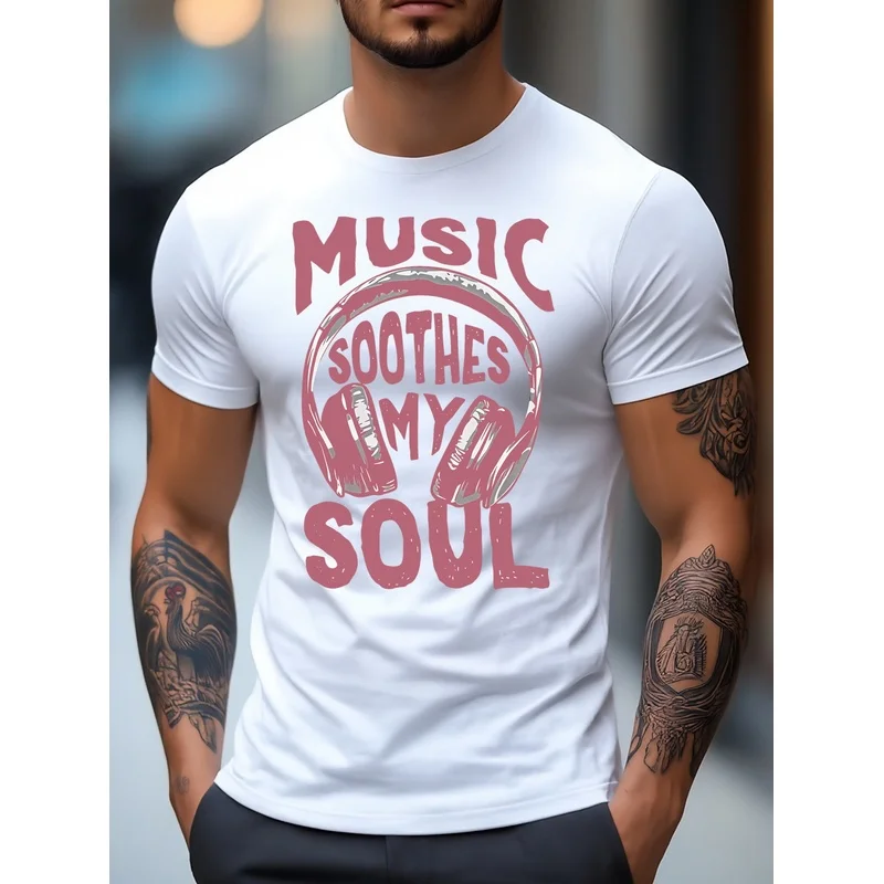 Men's T-shirt, Fun 'Music Soothes Soul' Printed T-shirt, Men's Short Sleeve T-shirt, Regular Casual Daily Men's Top