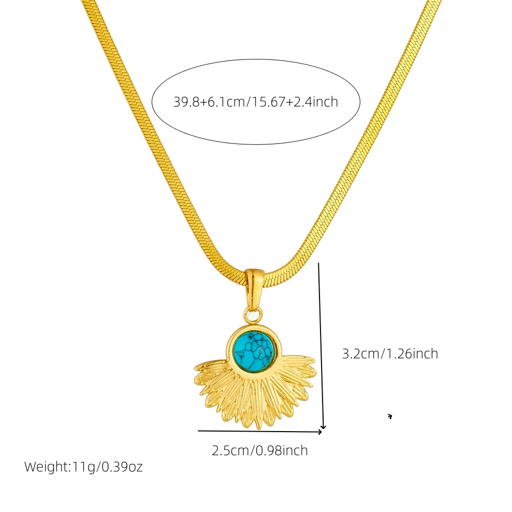 LAMENGLY 316L Stainless Bohemian Style Sector Flower Blue Turquoise Pendant Necklace For Women Girl Line Texture Clavicle Chain