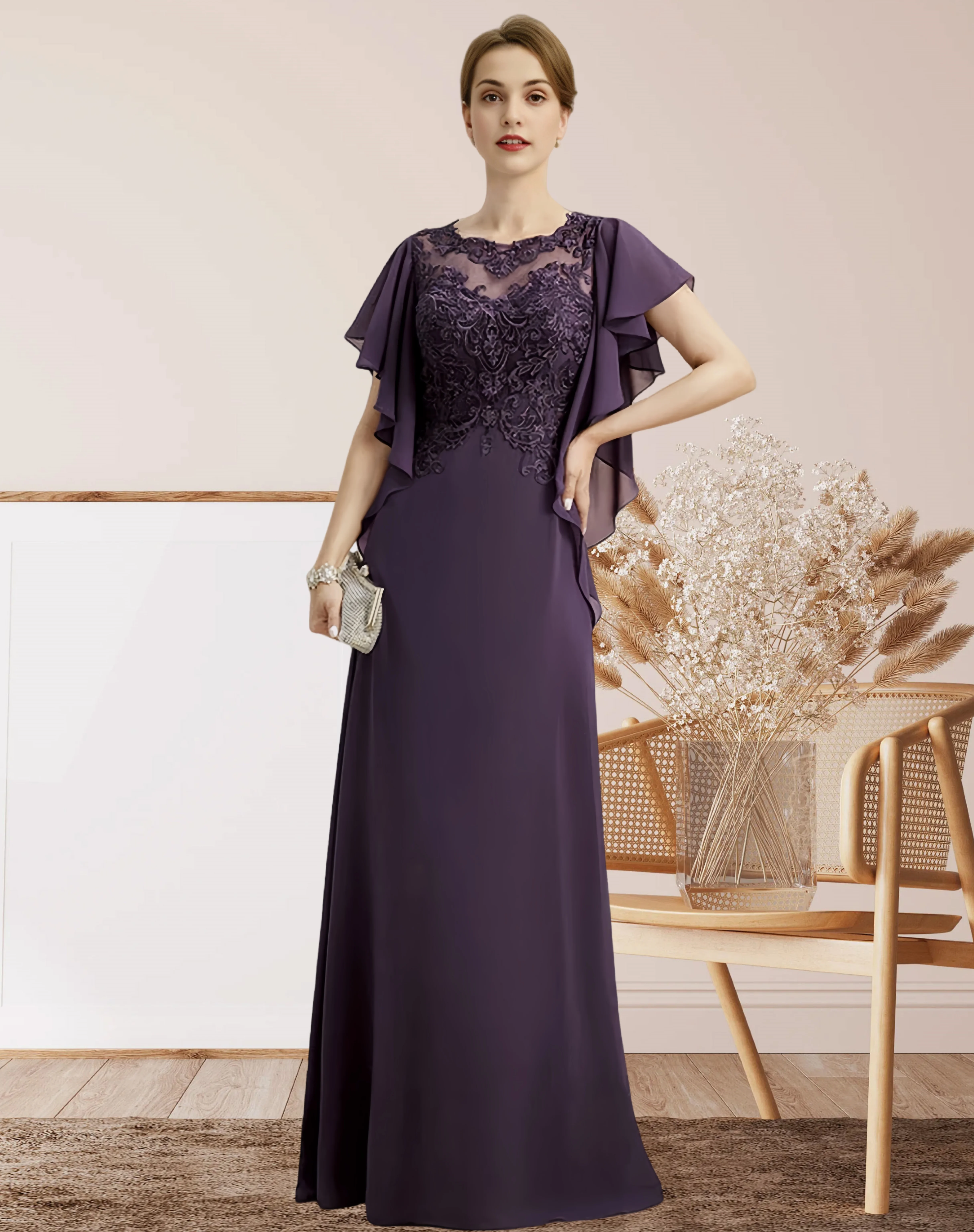 LinasBridal Women's Vintage Elegant A-Line Floor Length Mother of the Groom Dresses for Wedding With Applique