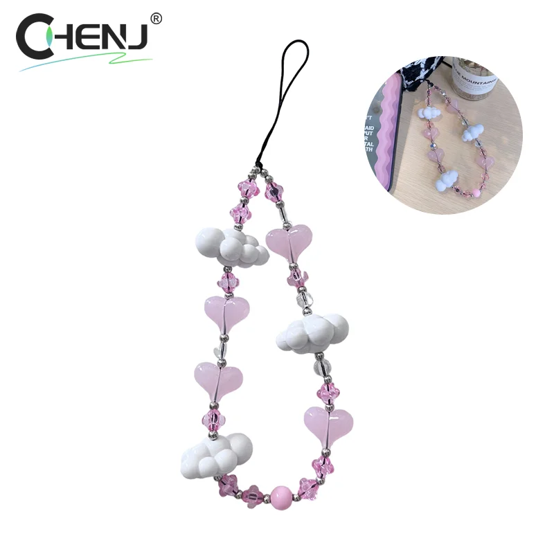 Y2K Korean Love Heart Clouds Phone Lanyard Wristband Sweet Beaded Mobile Phone Strap Anti-Lost Phone Chain Keyring Pendant