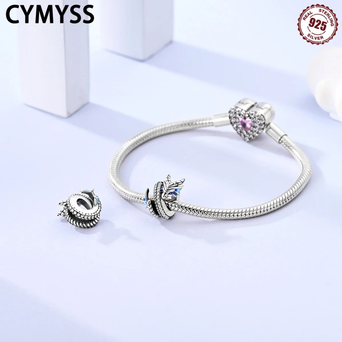 

CYMYSS 2025 New 925 Sterling Silver Blue Dragon Animal Zircon Beads Boutique Birthday Party Gift Trend Jewelry Boy Women's Beads