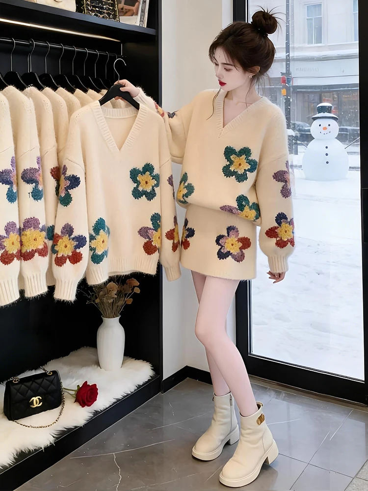 

Весенний модный вязаный комплект из свитера и юбки: облегающий дизайн с высокой талией, повседневный стиль, V-образный вырез, длинный рукав, женский.