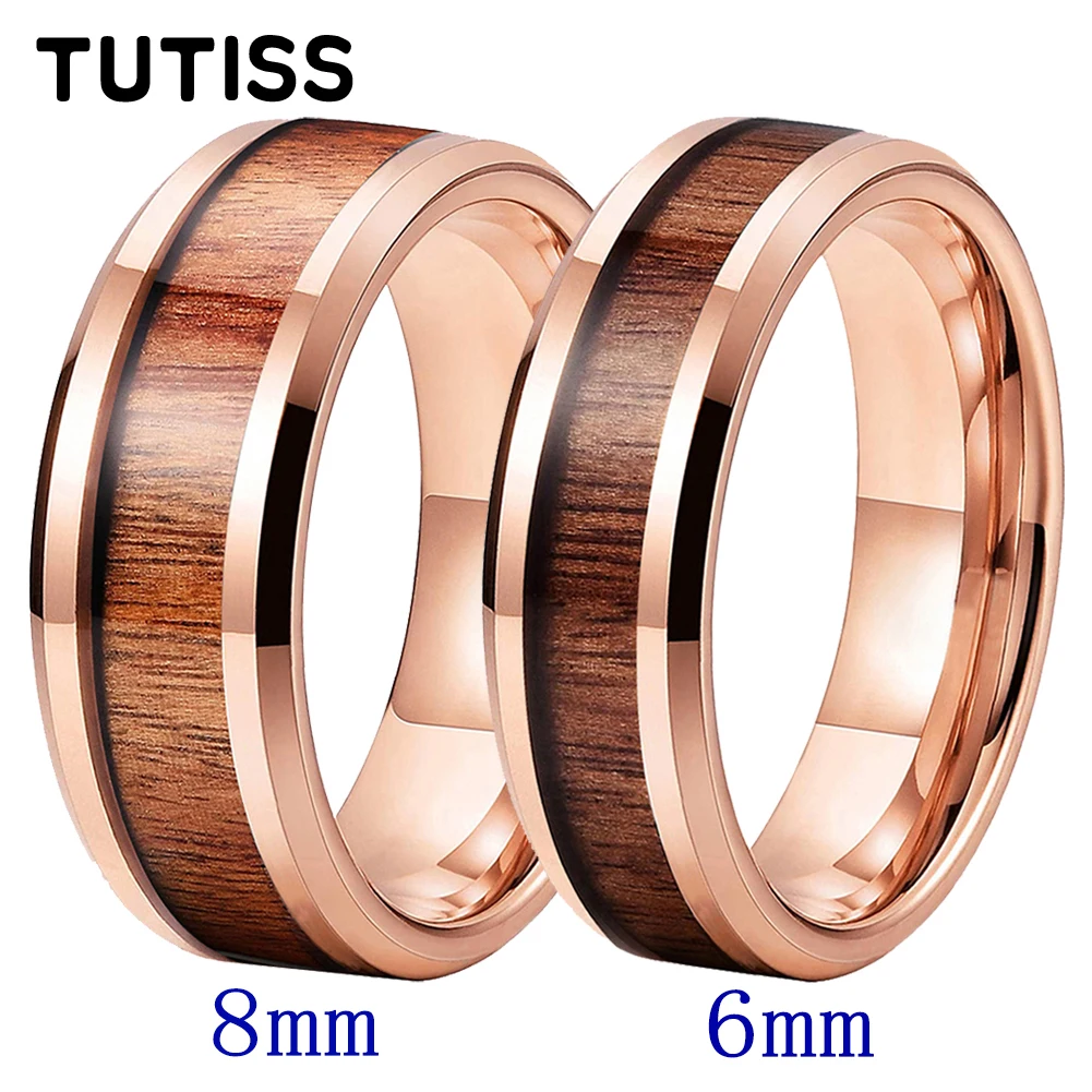 TUTISS 6/8mm Hawaiian Koa Wood Inlaid Beveled Tungsten Carbide Wedding Engagement Ring for Men And Women Lnventory Fast shipping