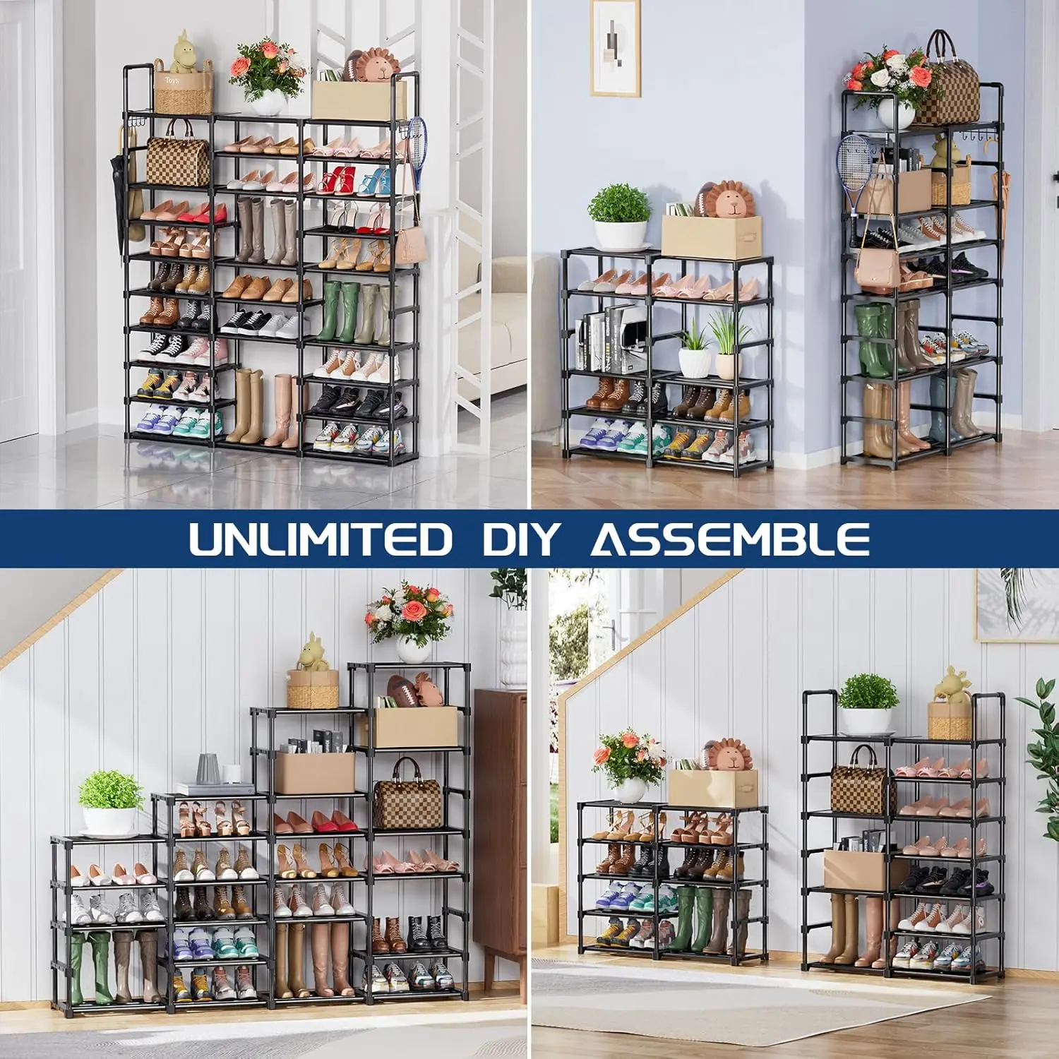 10 Tiers Shoe Rack Tall Organizer Storage 55-65 Pairs Vertical Shelf Large Rack Organizer Stackable Racks Bedroom,Black