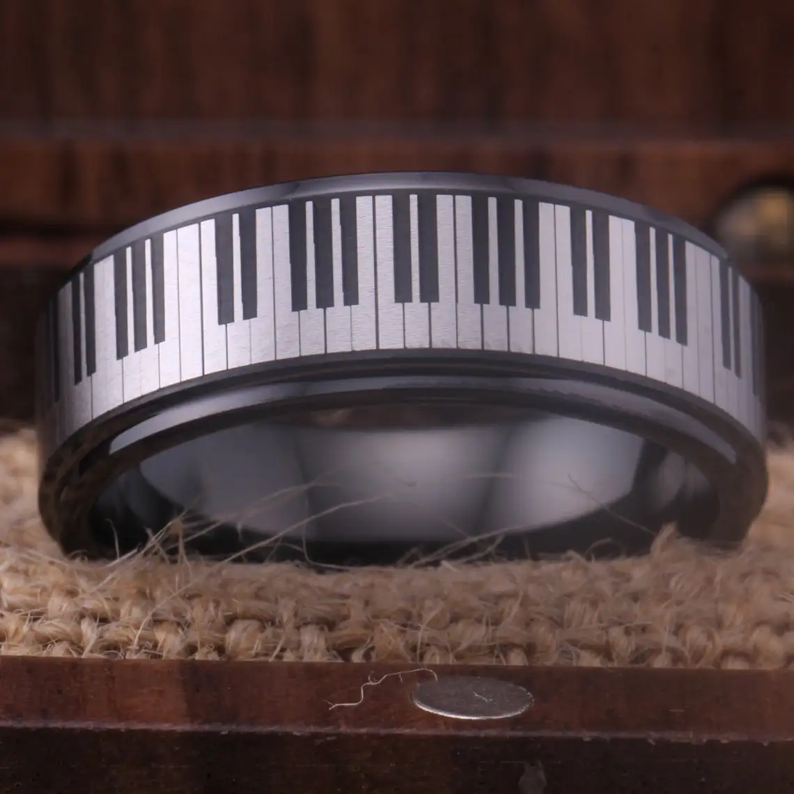 Piano Keys Ring Men\'s Piano Tungsten Ring Black Tungsten Carbide Wedding Band Ring 8mm Comfort Fit Tungsten Anniversary Ring