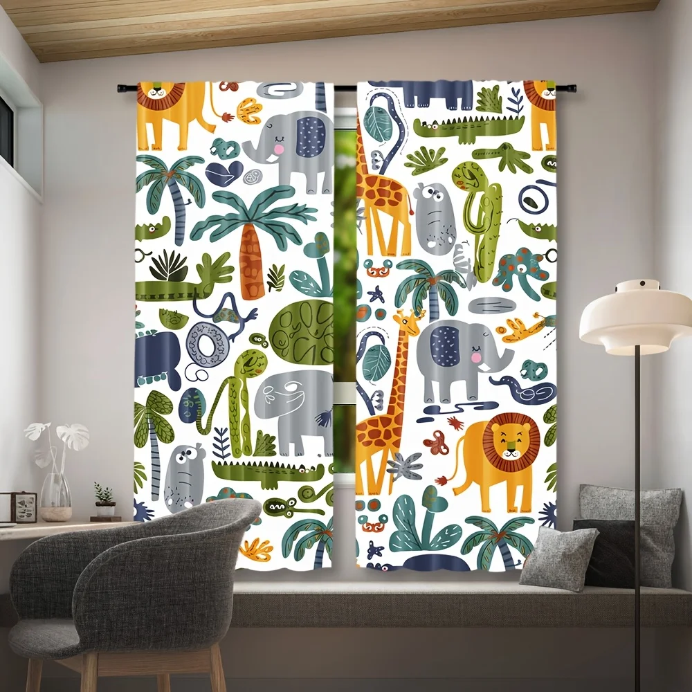 Lovely Safari Animal Blackout Rod Pocket Curtain Cartoon Lion Elephant Giraffe Palm Tree Print Kids Living Bedroom Window Decor