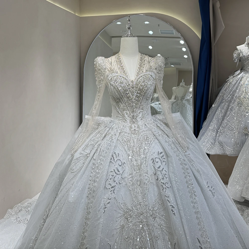 Customized Gorgeous Ball Gown Organza Wedding Dress Vintage Pearls Long Sleeves Women Bridal Gowns With Beaded Vestido de novia