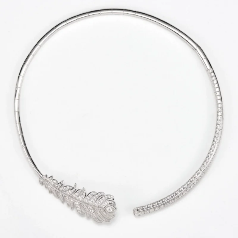 Cameo 925 Silver K Gold Plated Feather CZ Open Choker Necklace Women Full Paved Cubic Zirconia Statement Collar Jewelry