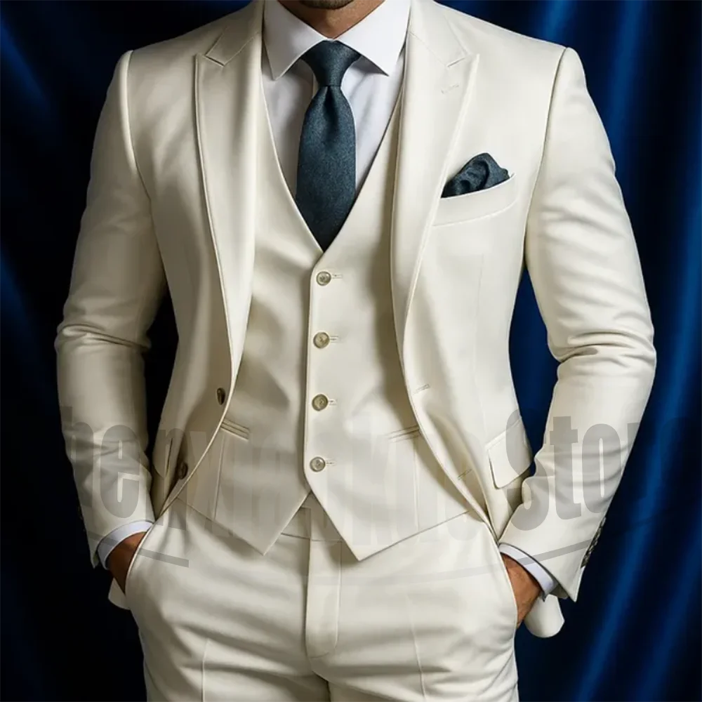 

Men's Ivory 3 Piece Suit Set Slim Fit Blazer Vest & Pants Fashion Single Breasted Formal Wedding Groom Prom Party Tuxedo