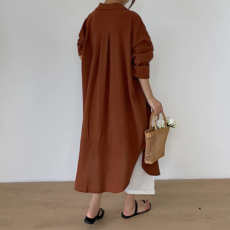 Novo longo vestido de camisa branca para mulheres linho algodão 2023 primavera verão casual coreano roupas vintage oversized midi robe