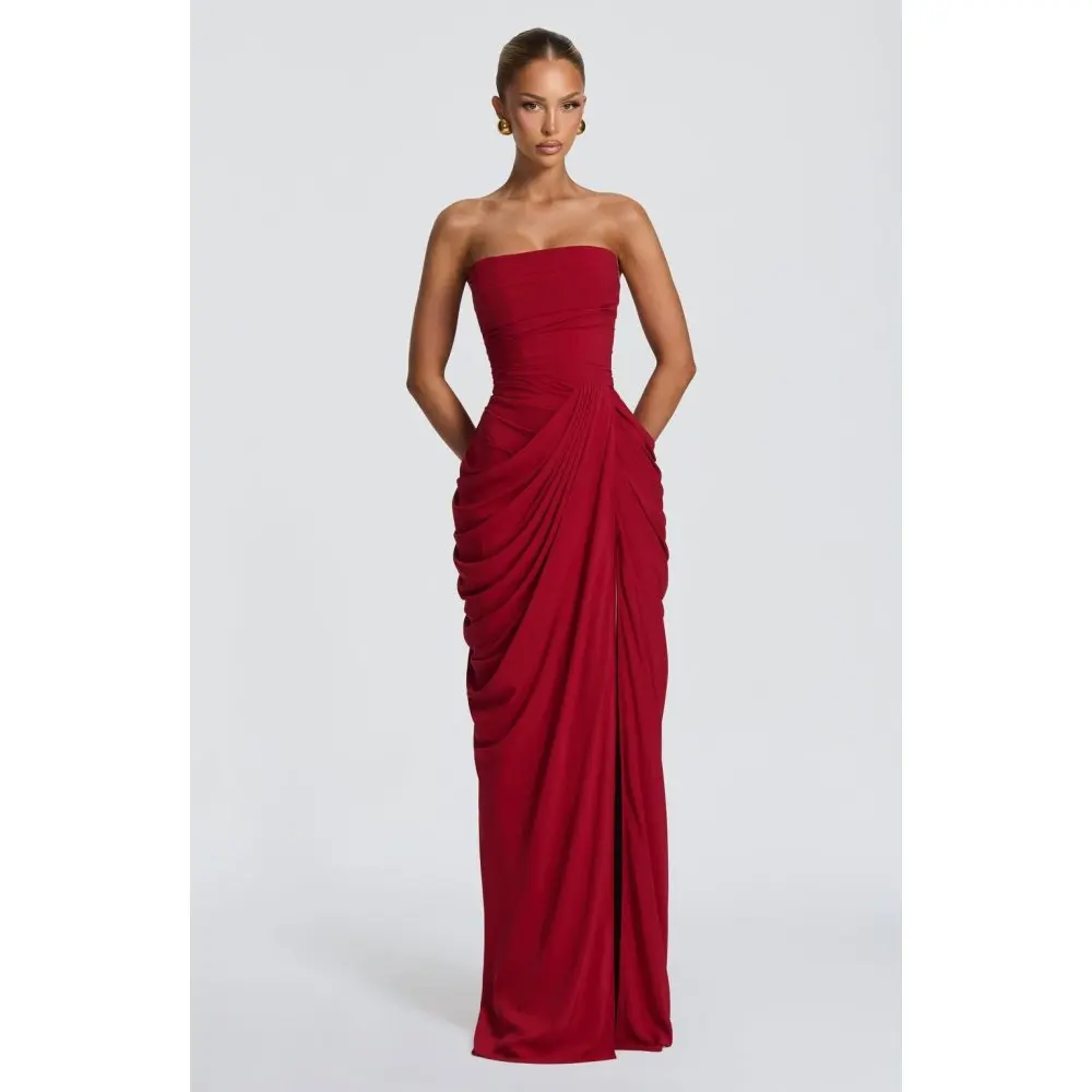 2026 new strapless evening dress women's long pleated slit sexy party dress European and American style view 3