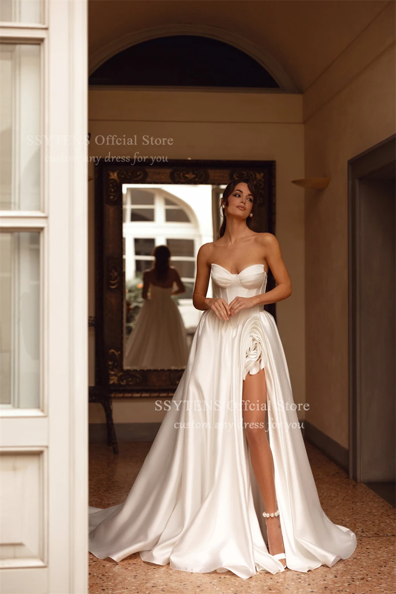 SSYTENS 高級サテンウェディングドレス ハイ スリット チャペル トレイン ブライダルガウン オフショルダー カスタマイズされた A ライン ベストド デ ノイバ