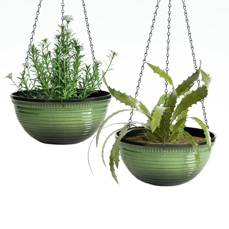 

inch Hanging Planters for Indoor Outdoor Plants, 2 Pack Large Hanging Flower Pots with Drainage Holes and Chain, Glazed Hanging
